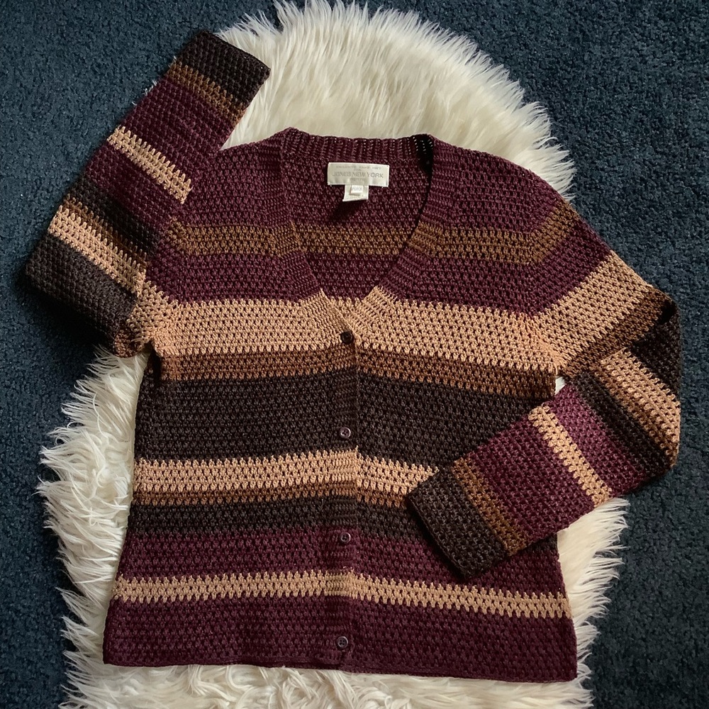 Vintage 100% Linen crochet knit cardigan sweater striped Small Petite